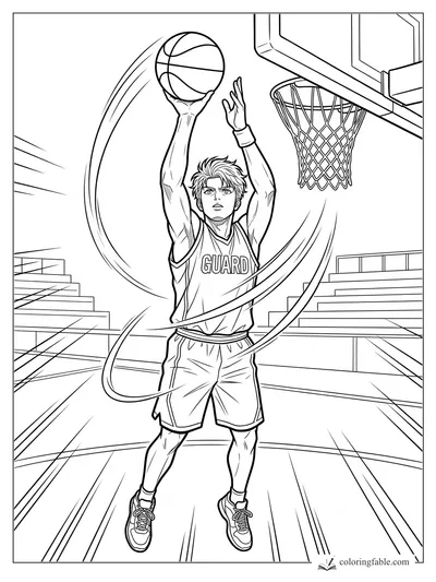 Manga basketball guard shooting near the hoop with motion arcs and empty bleachers