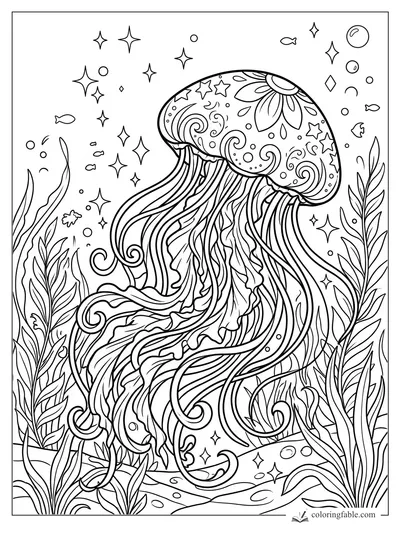 Manga jellyfish with patterned bell, long curling tentacles, sea plants, bubbles, fish, and star shapes.