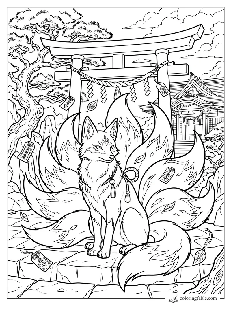 Manga nine-tailed fox under a torii gate with shrine charms, pine trees, rocks, and clouds
