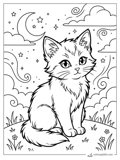 Manga kitten sitting in grass beneath a crescent moon, stars, clouds, and swirling night wind
