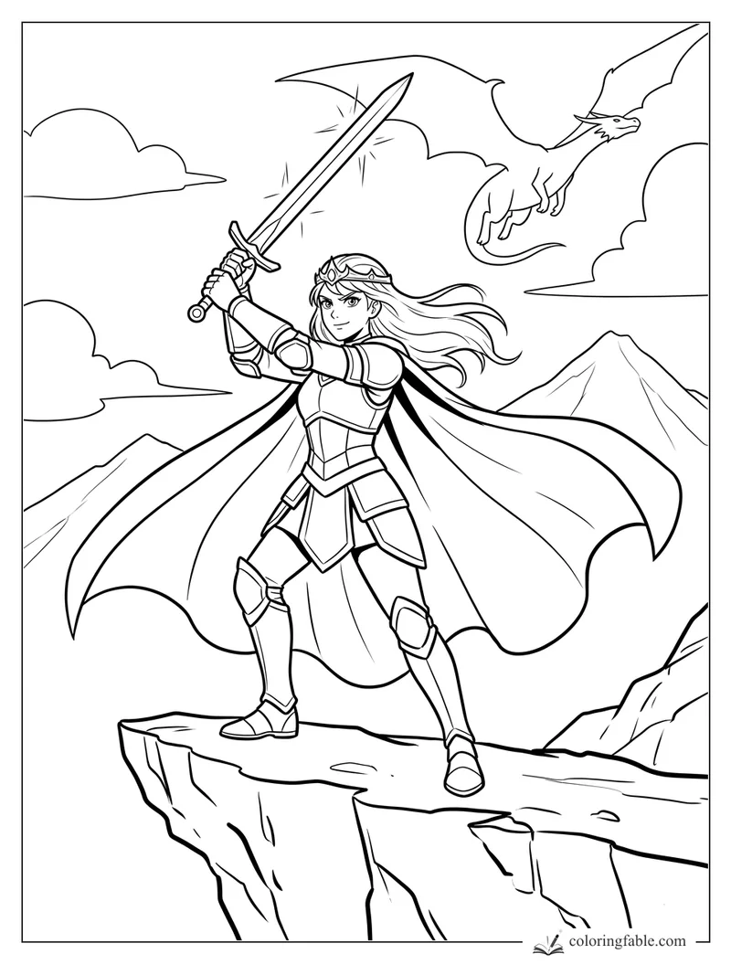 Manga knight in armor raises a glowing sword on a cliff as a dragon flies over mountains and clouds.