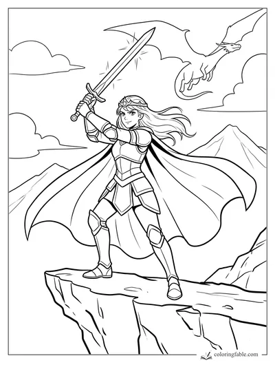 Manga knight in armor raises a glowing sword on a cliff as a dragon flies over mountains and clouds.