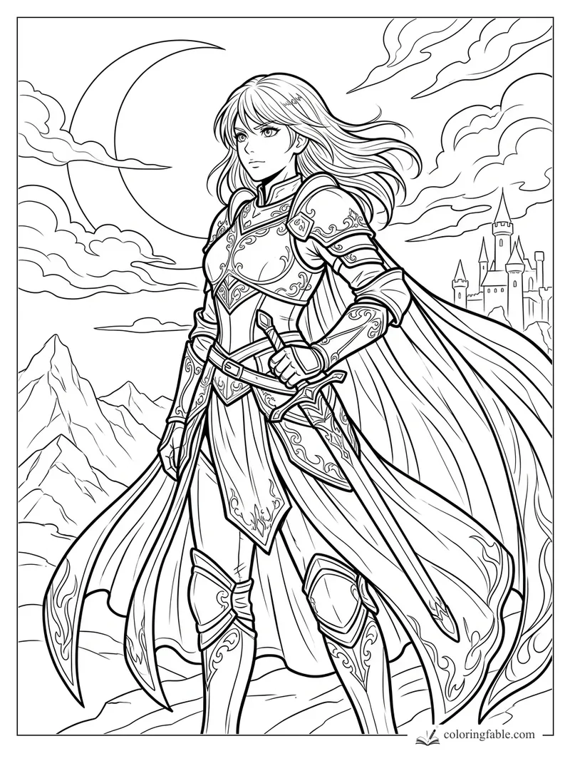 Manga knight in ornate armor and cape under a crescent moon, with mountains and a castle behind her.