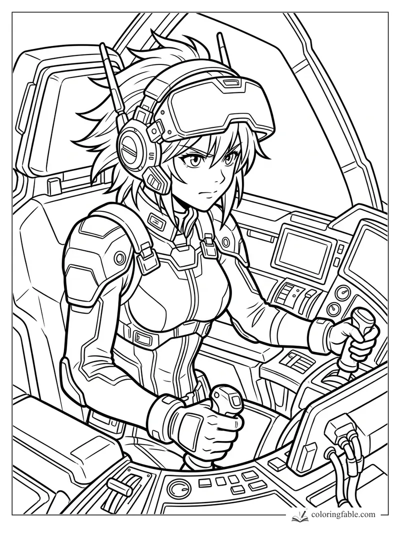 Manga mech pilot wearing a visor headset and armor, gripping twin joysticks in a detailed cockpit.
