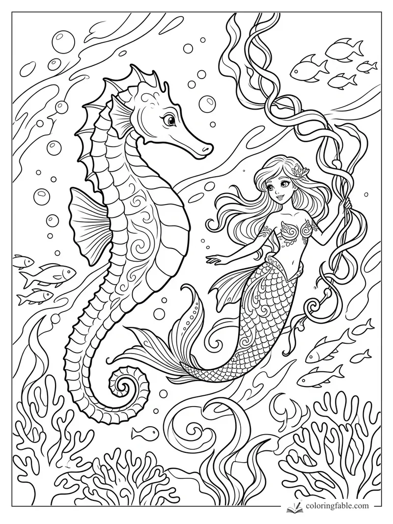 Manga mermaid holding kelp beside a giant seahorse, fish, bubbles, and coral reef