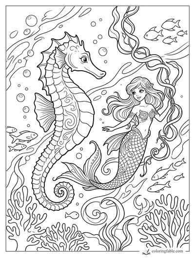 Manga mermaid holding kelp beside a giant seahorse, fish, bubbles, and coral reef