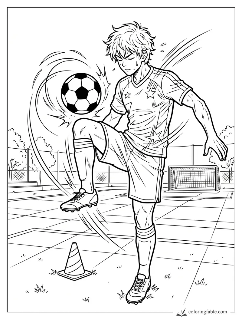 Manga soccer player juggling a ball by a cone on an outdoor field with a goal behind him
