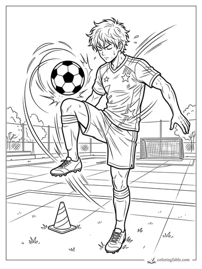 Manga soccer player juggling a ball by a cone on an outdoor field with a goal behind him