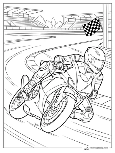 Manga motorcycle racer leaning low on a racetrack curve beside a checkered flag and grandstands