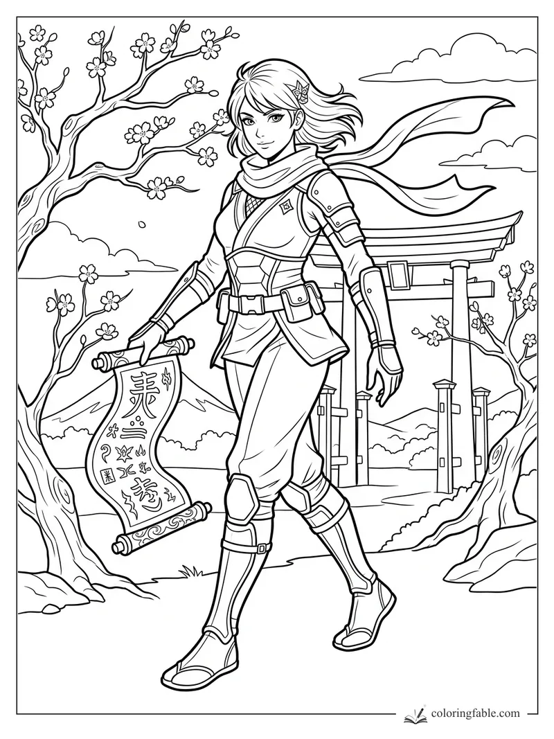 Manga ninja holding a symbol-covered scroll under cherry blossoms near a torii gate