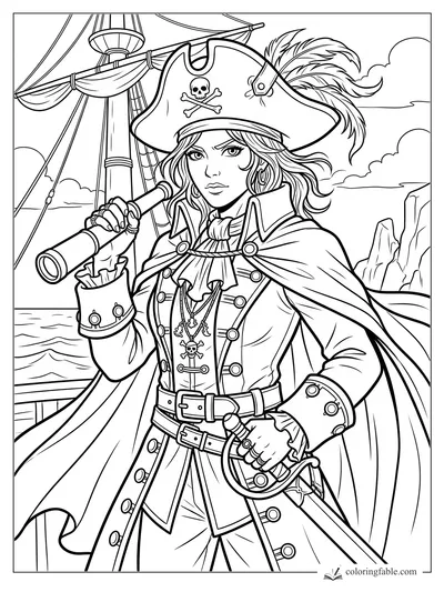 Manga pirate captain holding a spyglass and cutlass, with feathered hat, ship mast, ocean, and cliffs