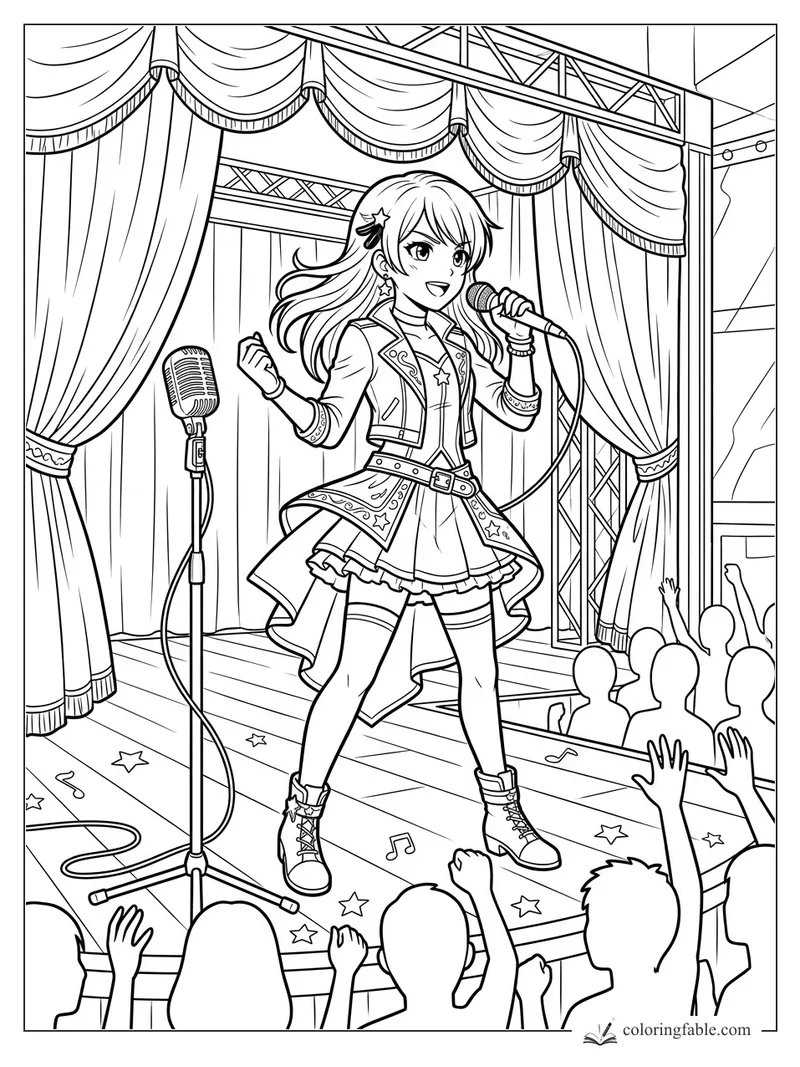 Manga girl singing on stage with microphone, curtains, spotlights, cheering crowd, stars and music notes.
