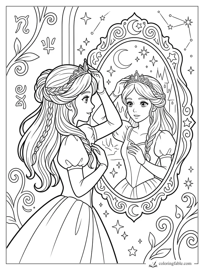 Manga princess fixing her tiara before an ornate mirror with stars, vines, moon, and castle reflection