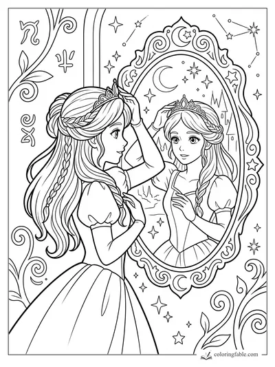 Manga princess fixing her tiara before an ornate mirror with stars, vines, moon, and castle reflection
