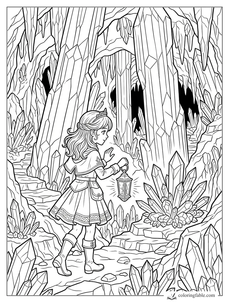 Manga princess holding a lantern among towering crystals in a rocky cavern