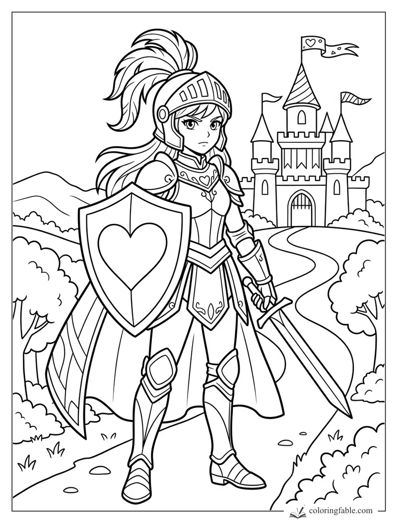 Manga princess knight with heart shield, sword, feathered helmet, and castle flags on a winding road