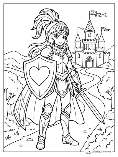 Manga princess knight with heart shield, sword, feathered helmet, and castle flags on a winding road
