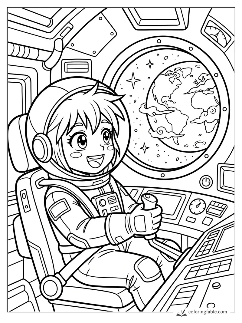 Manga astronaut pilot smiling at rocket controls with Earth visible through a round space window