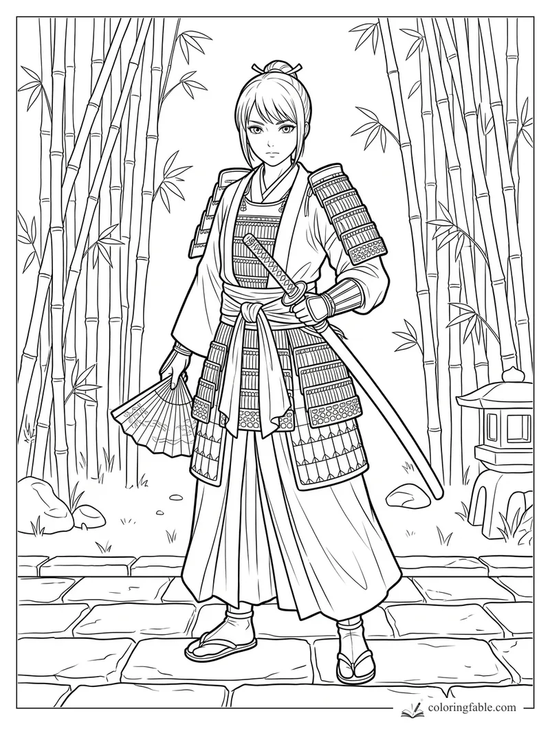 Manga samurai girl with sword and fan standing among bamboo stalks and a stone lantern