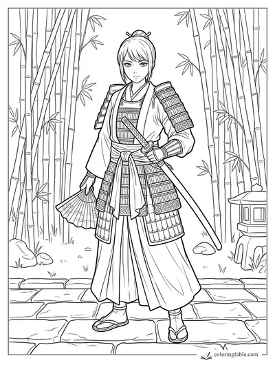 Manga samurai girl with sword and fan standing among bamboo stalks and a stone lantern