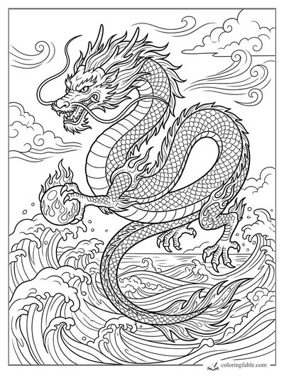 Manga sea dragon coiling above waves with a flaming pearl, clouds, wind swirls, scales, claws, and whiskers