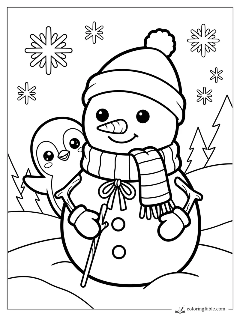 Manga snowman in a pom-pom hat with a penguin, ski poles, snowflakes, and pine trees