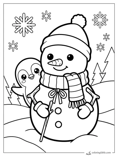 Manga snowman in a pom-pom hat with a penguin, ski poles, snowflakes, and pine trees