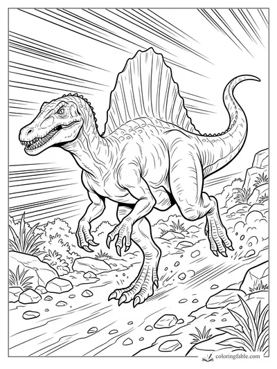 Manga spinosaurus running past rocks and desert plants with speed lines behind its sail