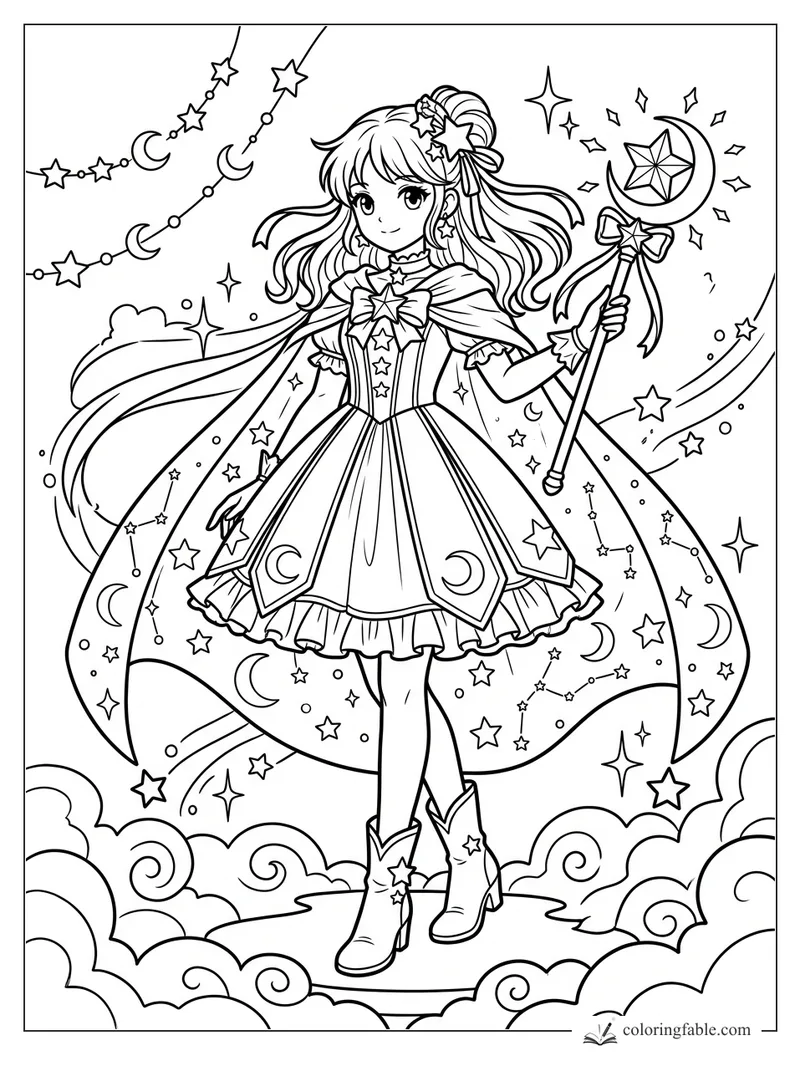 Manga girl in a starry dress holding a moon wand, standing on clouds with crescent garlands