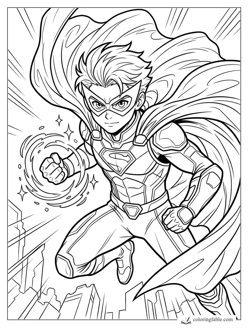 Manga superhero flying over city towers with a swirling energy fist, mask, armor, and huge cape