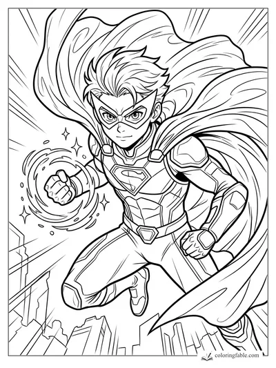 Manga superhero flying over city towers with a swirling energy fist, mask, armor, and huge cape