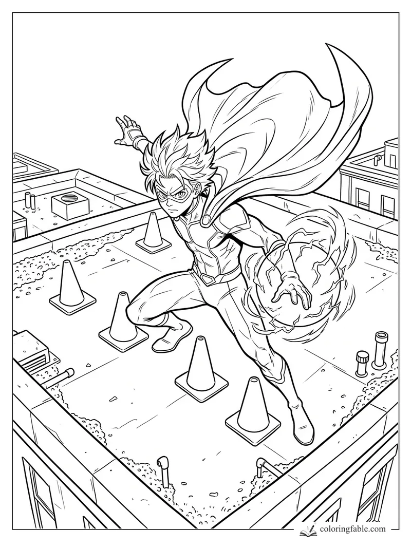 Manga superhero with cape and energy orb lands among traffic cones on a rooftop.