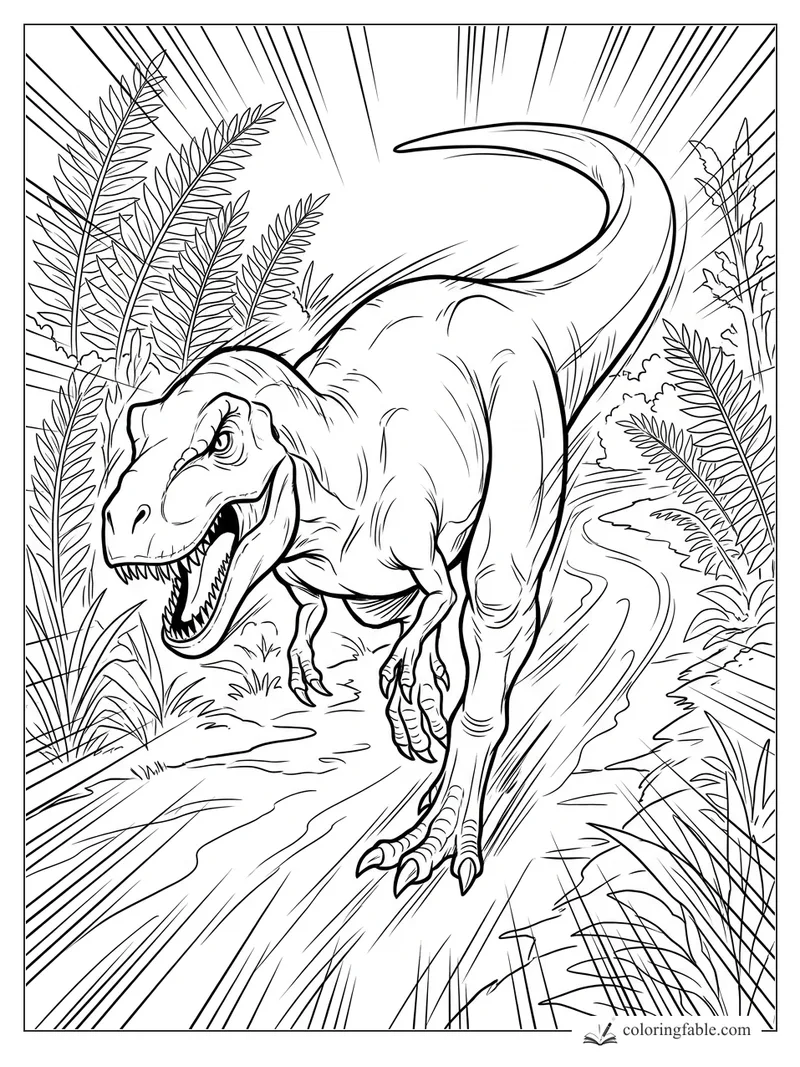 Manga-style T. rex roaring as it runs down a fern-lined jungle trail with speed lines