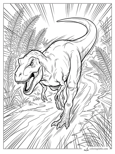 Manga-style T. rex roaring as it runs down a fern-lined jungle trail with speed lines