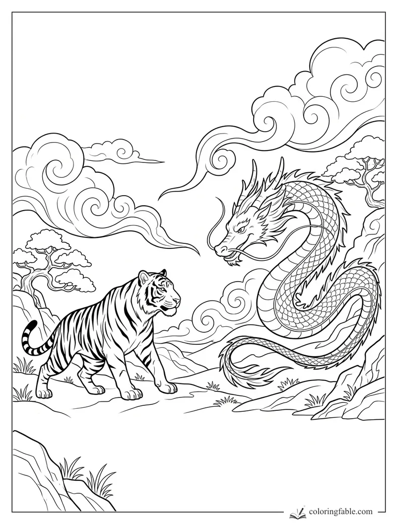 Manga tiger facing a coiled dragon among swirling clouds, pine trees, rocks, and distant mountains