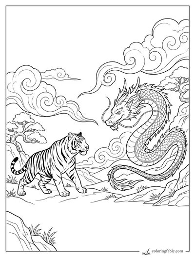 Manga tiger facing a coiled dragon among swirling clouds, pine trees, rocks, and distant mountains