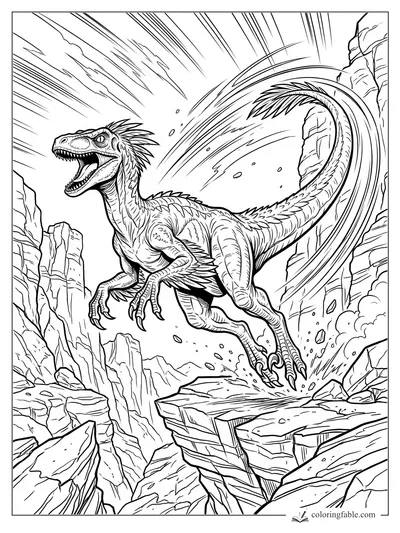 Manga velociraptor leaping between canyon cliffs with open jaws, feathered tail, dust, and speed lines