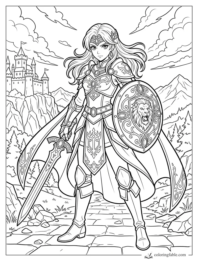 Manga warrior princess with sword and lion shield on a mountain road below a cliff castle