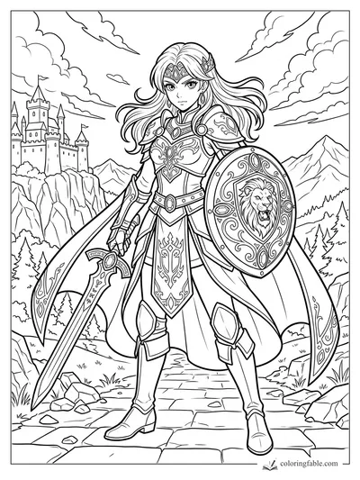 Manga warrior princess with sword and lion shield on a mountain road below a cliff castle