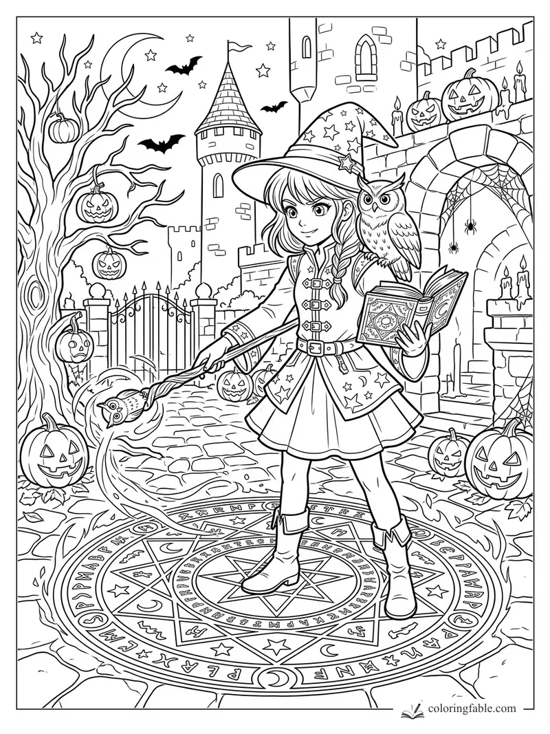Manga witch with owl, spell book, broom, pumpkins, bats, castle towers, and a magic circle