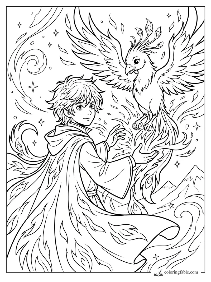 Manga wizard reaching toward a phoenix amid swirling flames, stars, leaves, and distant mountains