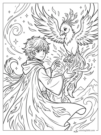Manga wizard reaching toward a phoenix amid swirling flames, stars, leaves, and distant mountains