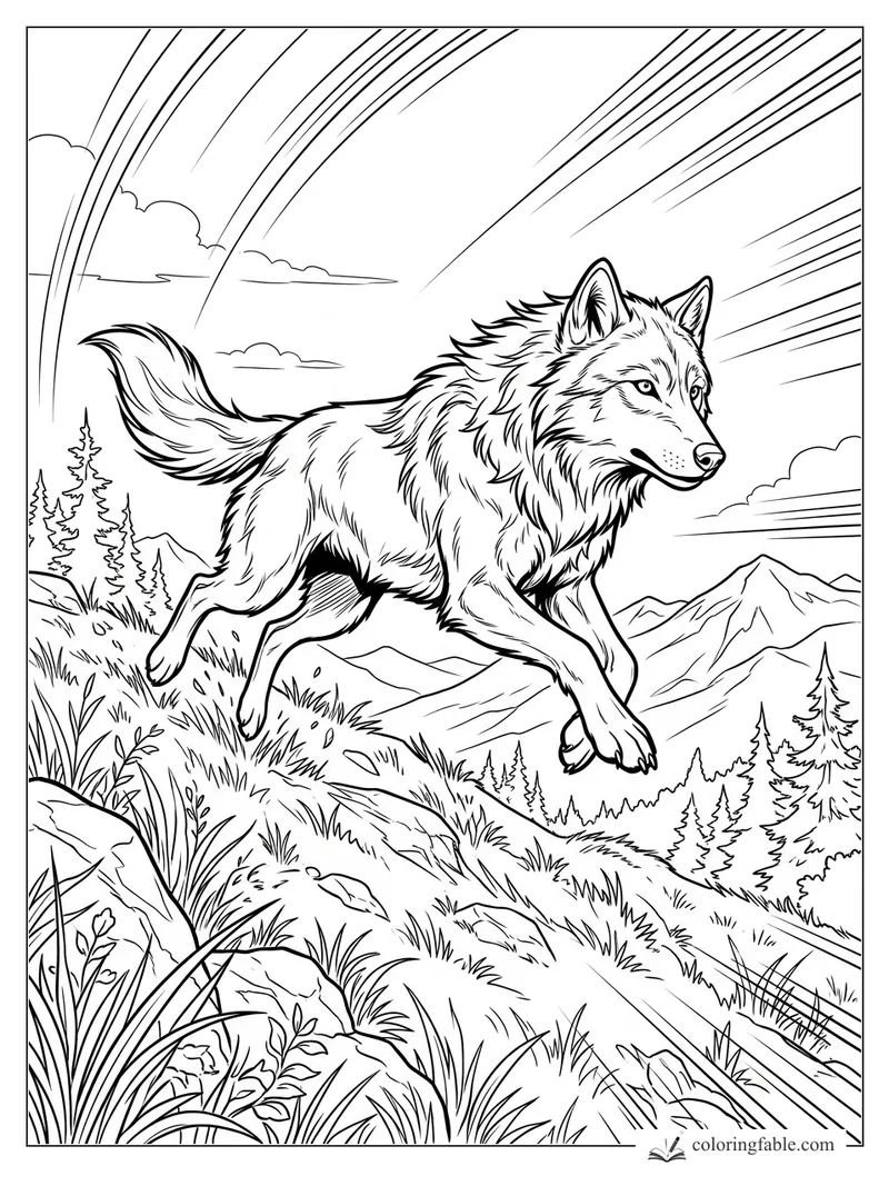 Manga wolf leaping over alpine grass with pine trees, mountains, clouds, and arcing rainbow lines