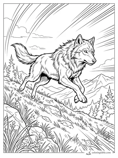 Manga wolf leaping over alpine grass with pine trees, mountains, clouds, and arcing rainbow lines
