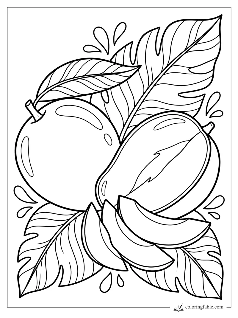 Two mangoes with sliced wedges, large veined leaves, and juice splashes coloring page
