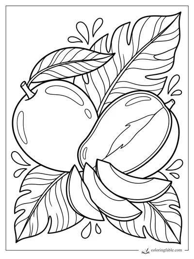 Two mangoes with sliced wedges, large veined leaves, and juice splashes coloring page