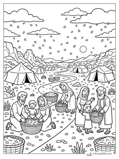 Easy Bible coloring page of families gathering manna in baskets among tents in the desert