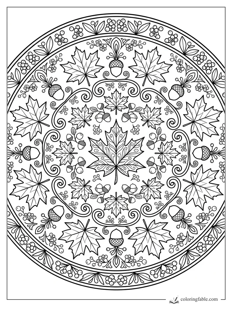 Intricate Thanksgiving mandala with maple leaves, acorns, berries, and curling vine scrolls