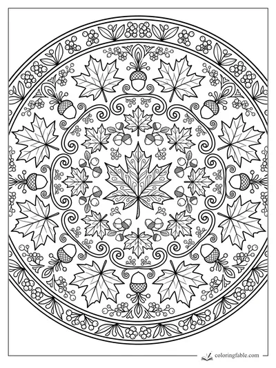 Intricate Thanksgiving mandala with maple leaves, acorns, berries, and curling vine scrolls