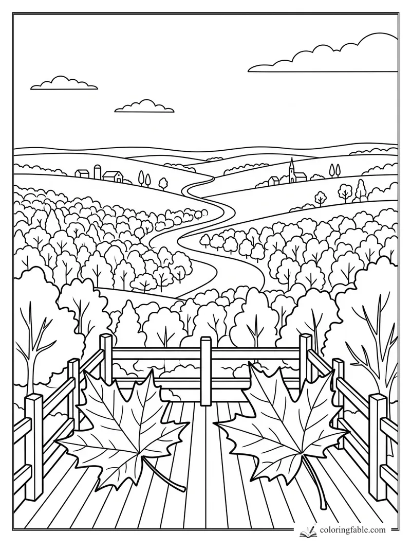 Aesthetic coloring page of two maple leaves on a deck overlooking a winding country road and village hills